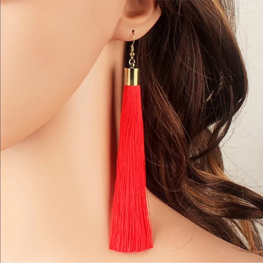 ⬇️ New bohemian long tassel dangling earrings red - Picture 2 of 8